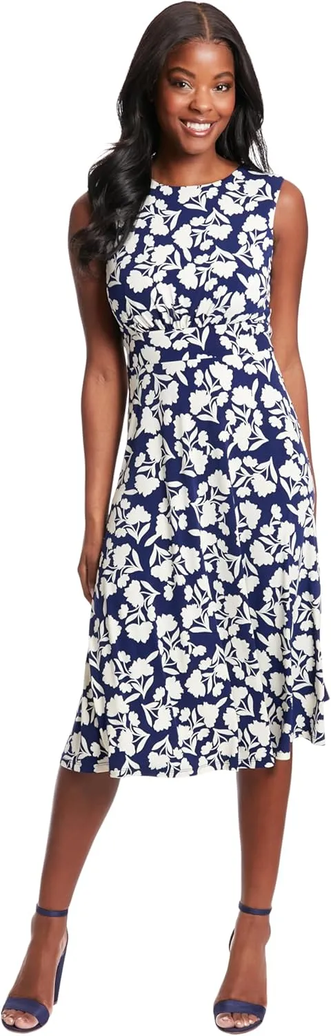 London Times Women's Sleeveless Inset Waist Midi Fit and Flare Dress