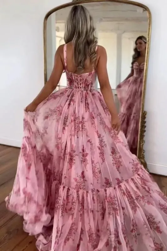 Long Floral Ruffle Prom Dresses for Women 2025 A-Line Sweetheart Tiered Ruffle Formal Evening Gowns YH77