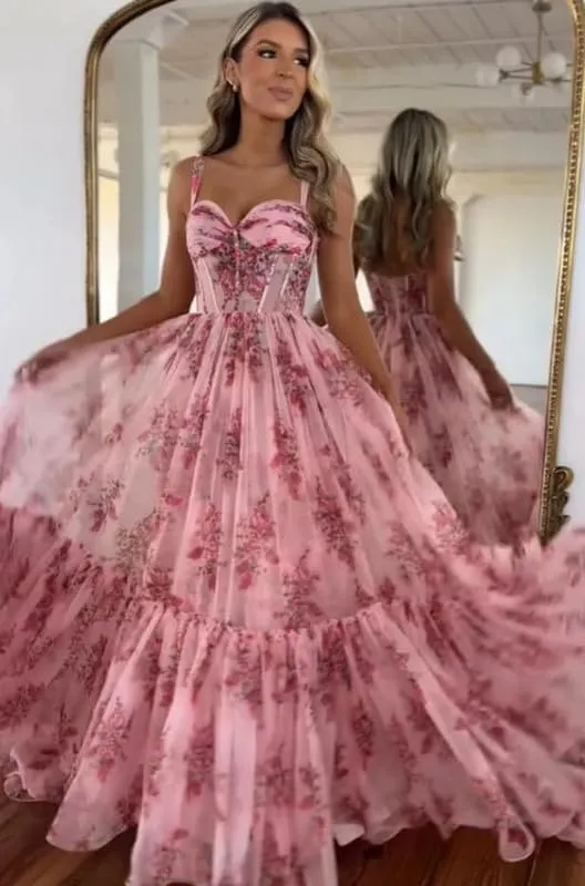 Long Floral Ruffle Prom Dresses for Women 2025 A-Line Sweetheart Tiered Ruffle Formal Evening Gowns YH77