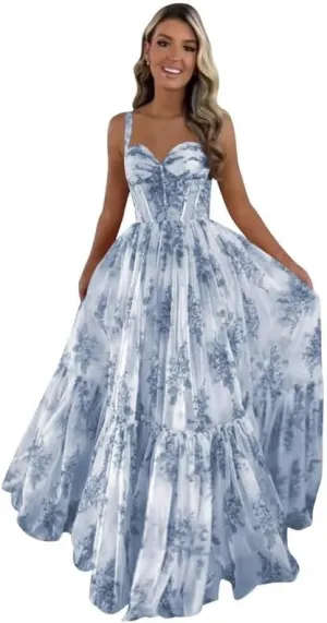 Long Floral Ruffle Prom Dresses for Women 2025 A-Line Sweetheart Tiered Ruffle Formal Evening Gowns YH77