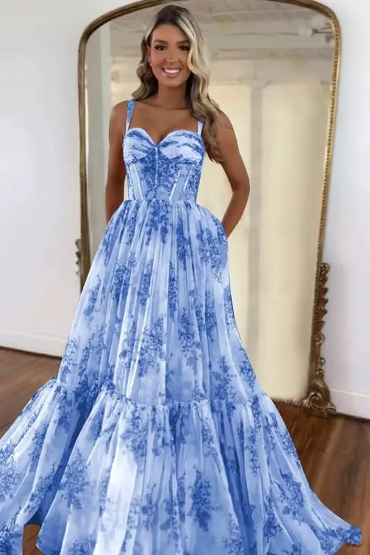Long Floral Ruffle Prom Dresses for Women 2025 A-Line Sweetheart Tiered Ruffle Formal Evening Gowns YH77