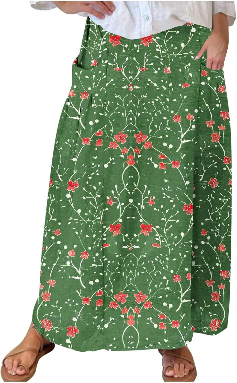 Long Skirts for Women Casual Floral High Waist Pocket Maxi Skirt Boho Flowy Pleated Half Dress Trendy Bohemian Skirts