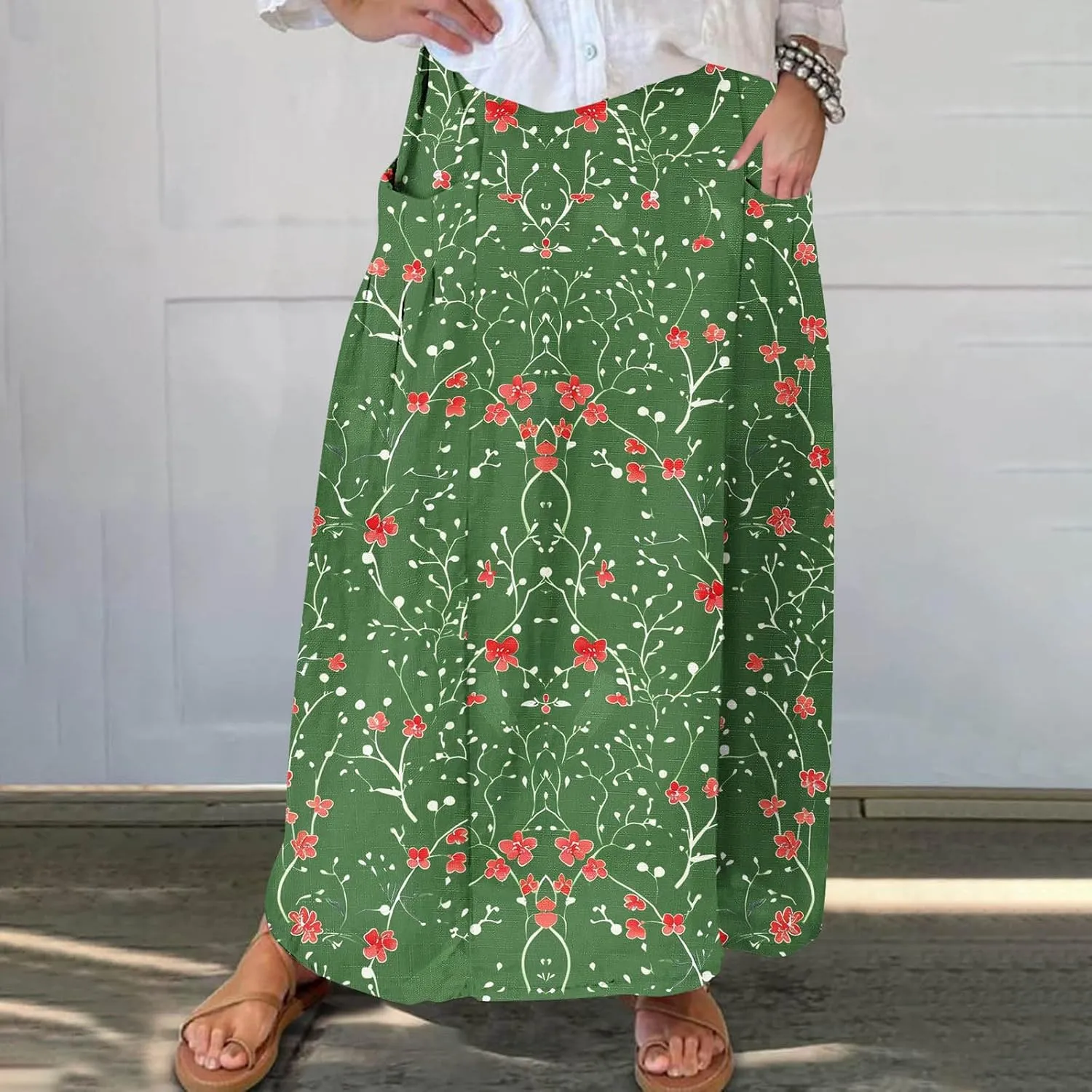 Long Skirts for Women Casual Floral High Waist Pocket Maxi Skirt Boho Flowy Pleated Half Dress Trendy Bohemian Skirts