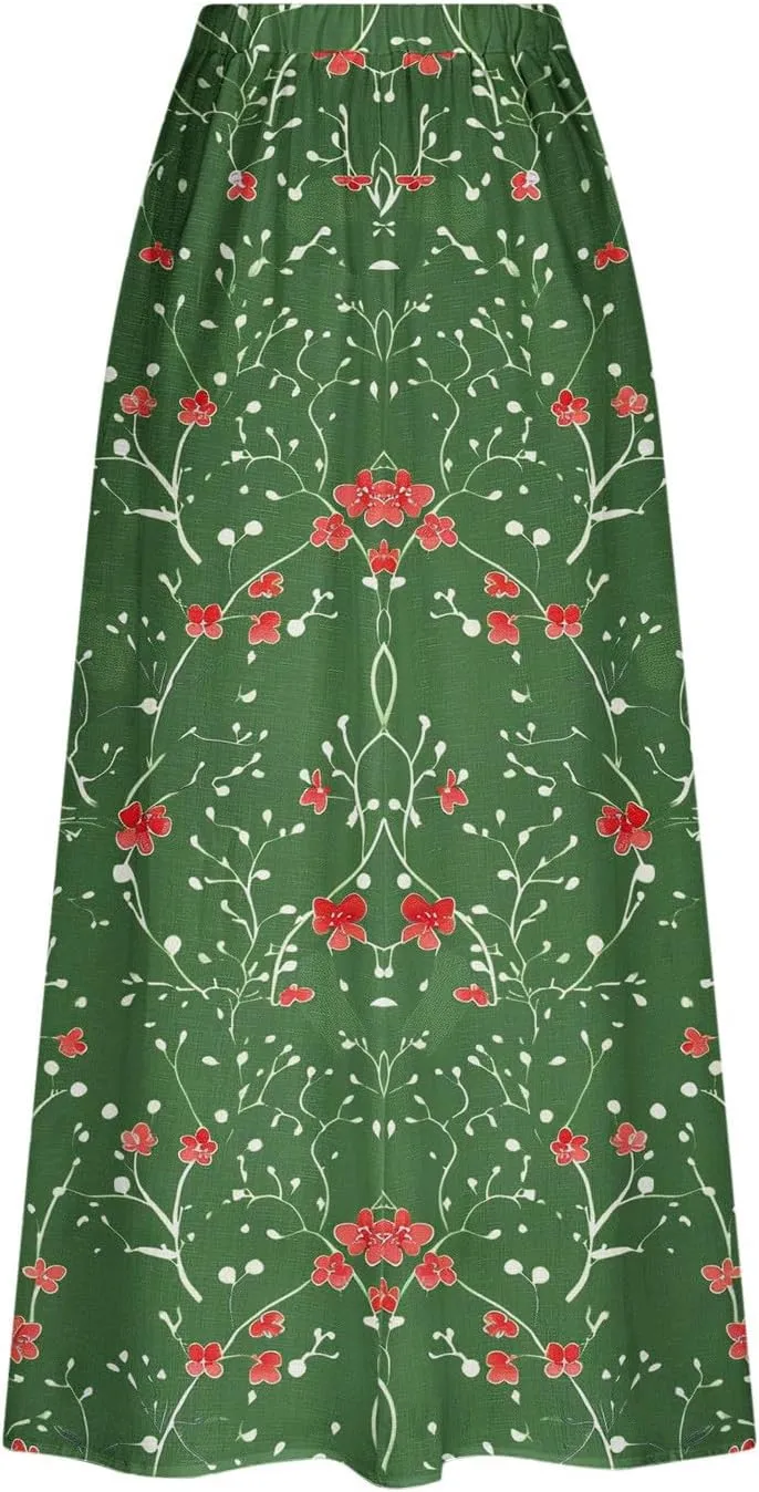 Long Skirts for Women Casual Floral High Waist Pocket Maxi Skirt Boho Flowy Pleated Half Dress Trendy Bohemian Skirts