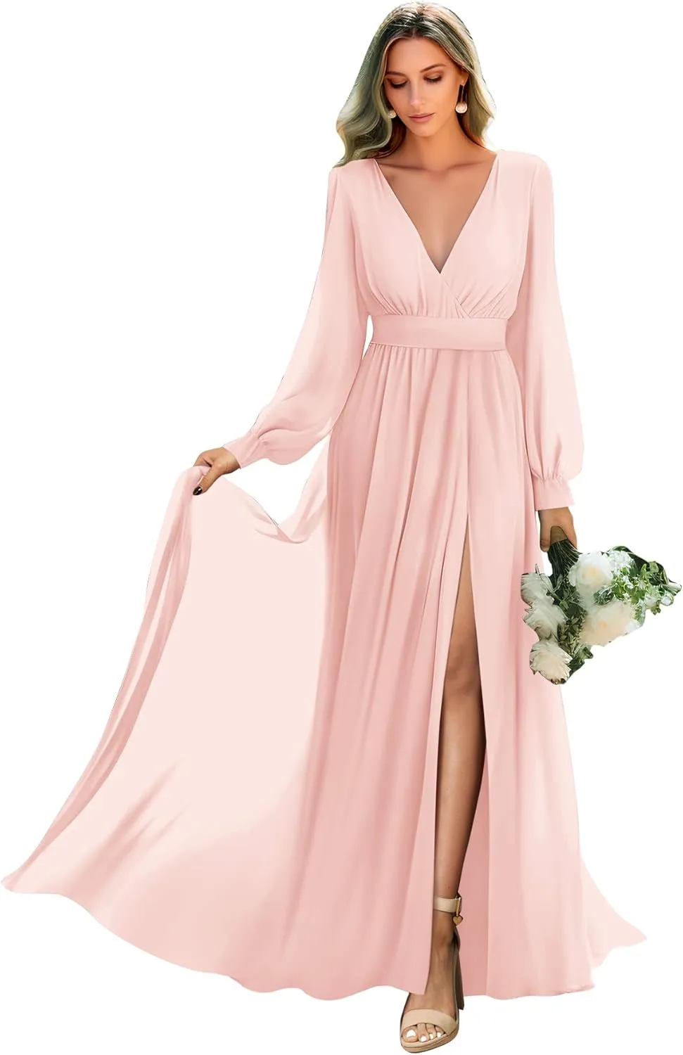 Long Sleeve Bridesmaid Dresses with Slit Pleated Wedding Party Gowns V Neck Chiffon Long Formal Dress