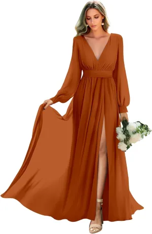 Long Sleeve Bridesmaid Dresses with Slit Pleated Wedding Party Gowns V Neck Chiffon Long Formal Dress