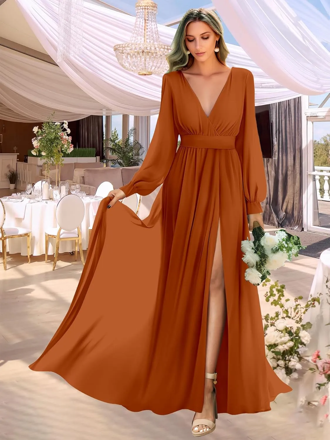 Long Sleeve Bridesmaid Dresses with Slit Pleated Wedding Party Gowns V Neck Chiffon Long Formal Dress