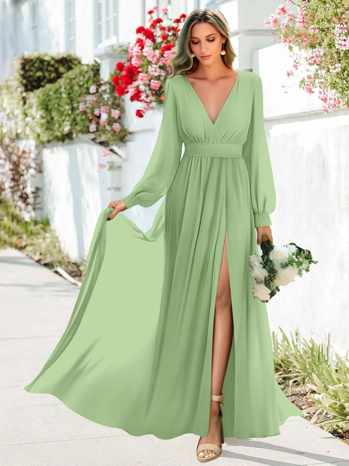 Long Sleeve Bridesmaid Dresses with Slit Pleated Wedding Party Gowns V Neck Chiffon Long Formal Dress