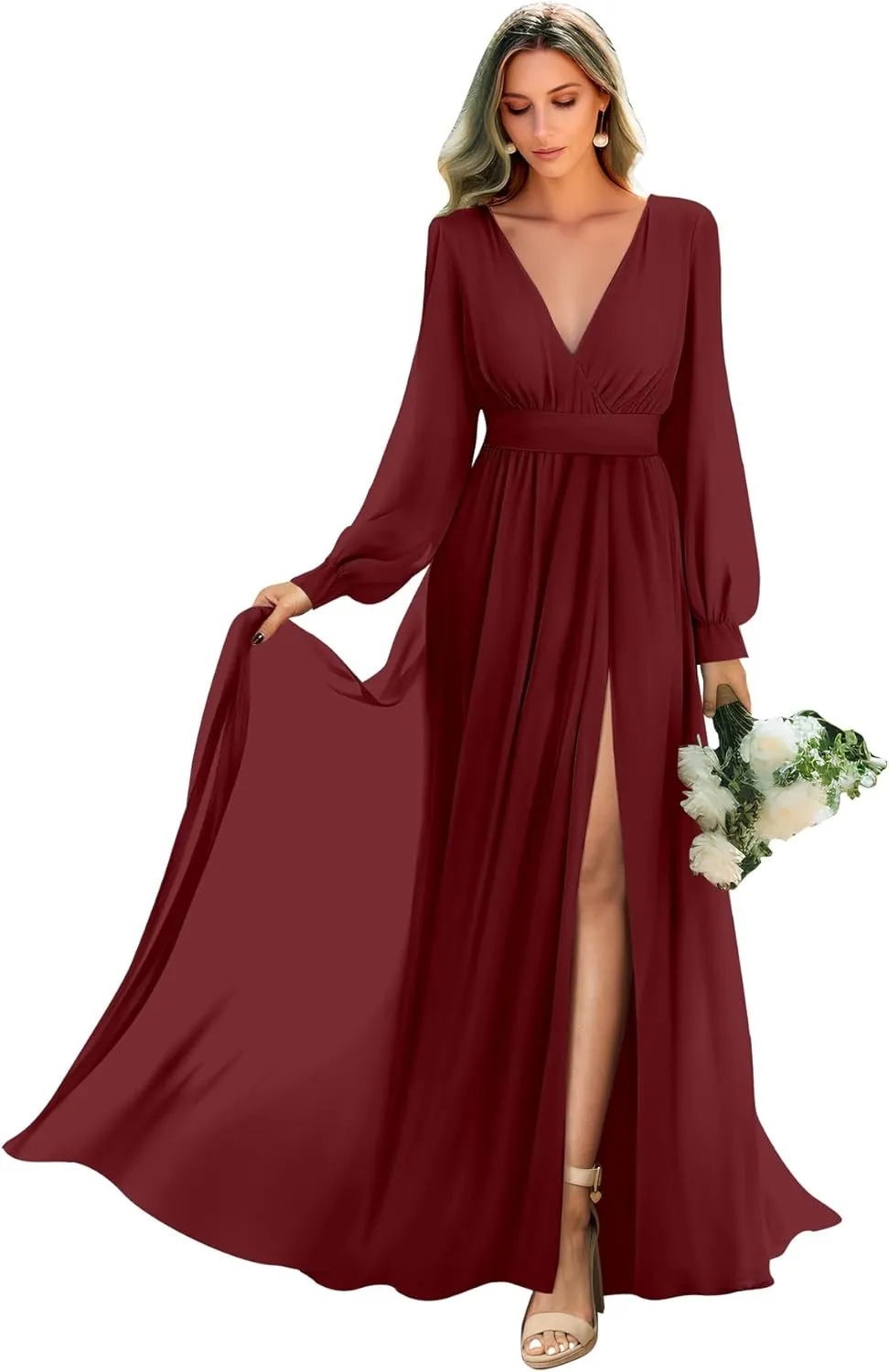 Long Sleeve Bridesmaid Dresses with Slit Pleated Wedding Party Gowns V Neck Chiffon Long Formal Dress