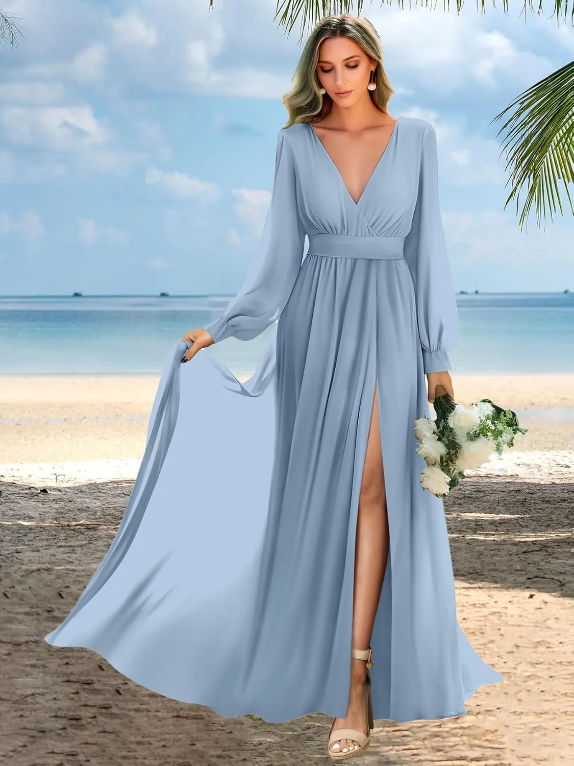 Long Sleeve Bridesmaid Dresses with Slit Pleated Wedding Party Gowns V Neck Chiffon Long Formal Dress
