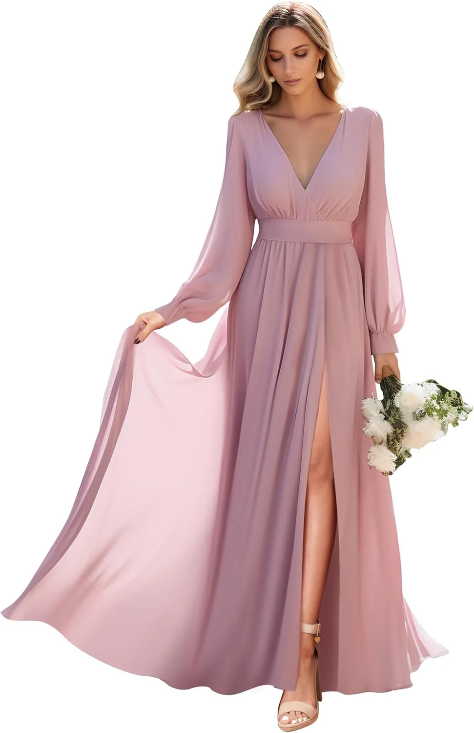 Long Sleeve Bridesmaid Dresses with Slit Pleated Wedding Party Gowns V Neck Chiffon Long Formal Dress