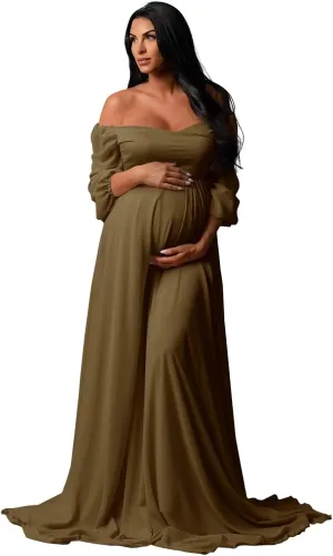 Long Sleeve Maternity Dress for Baby Shower Chiffon Maxi Flowy Elegant Pregnancy Photoshoot Dresses
