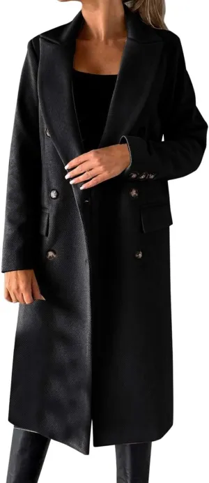 Long Winter Coats for Women Double Breasted Classic Lapel Outerwear Casual Trench Coat