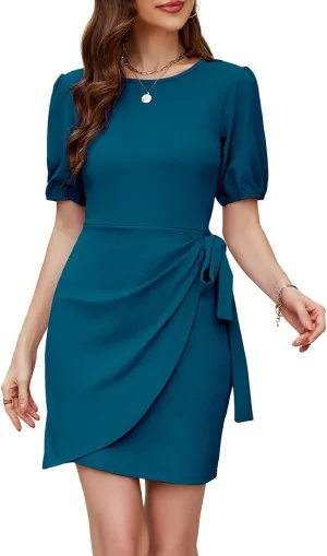 Lyrur Women's Summer Mini Dresses 2025 Spring Puff Sleeve Tie Waist Faux Wrap Slim Fit Night Out Party Bodycon Dress