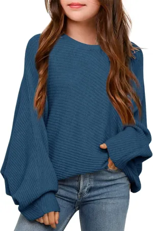 Mafulus Girl's Oversized Crewneck Fall Sweaters Kids Batwing Long Sleeve Slouchy Chunky Cute Pullover Jumper Shirts 5-14T