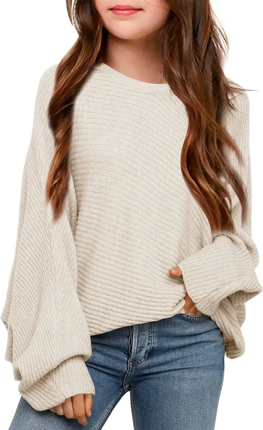 Mafulus Girl's Oversized Crewneck Fall Sweaters Kids Batwing Long Sleeve Slouchy Chunky Cute Pullover Jumper Shirts 5-14T