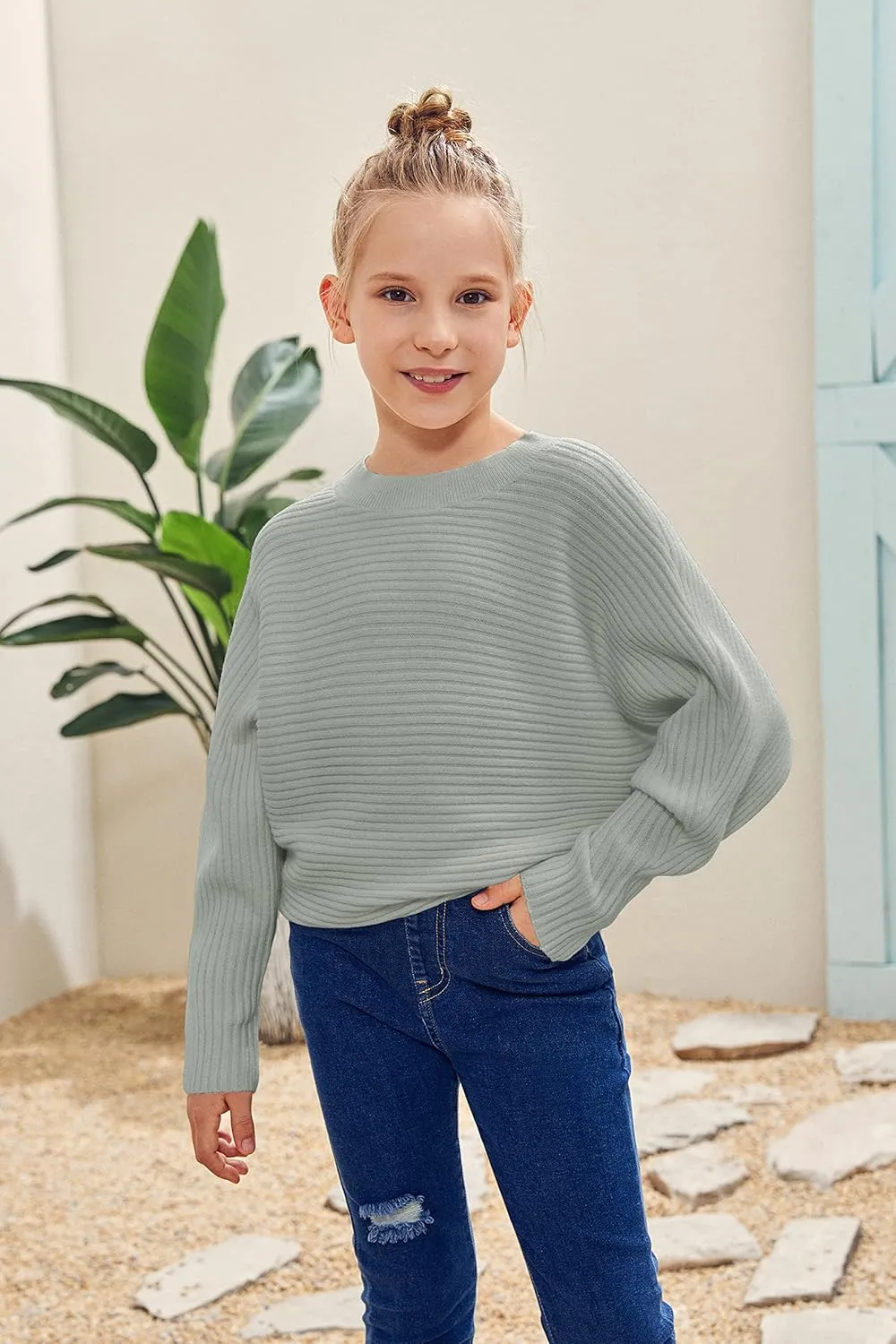 Mafulus Girl's Oversized Crewneck Fall Sweaters Kids Batwing Long Sleeve Slouchy Chunky Cute Pullover Jumper Shirts 5-14T