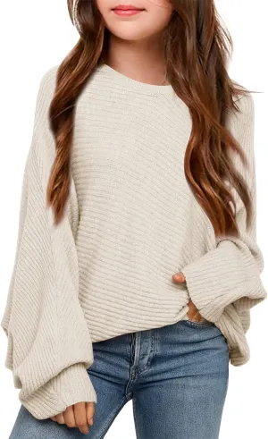 Mafulus Girl's Oversized Crewneck Fall Sweaters Kids Batwing Long Sleeve Slouchy Chunky Cute Pullover Jumper Shirts 5-14T