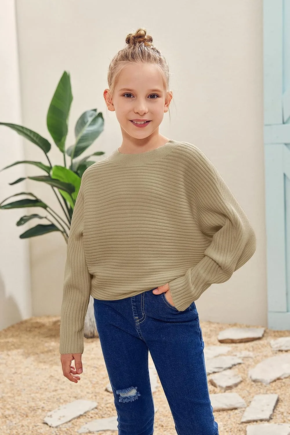 Mafulus Girl's Oversized Crewneck Fall Sweaters Kids Batwing Long Sleeve Slouchy Chunky Cute Pullover Jumper Shirts 5-14T