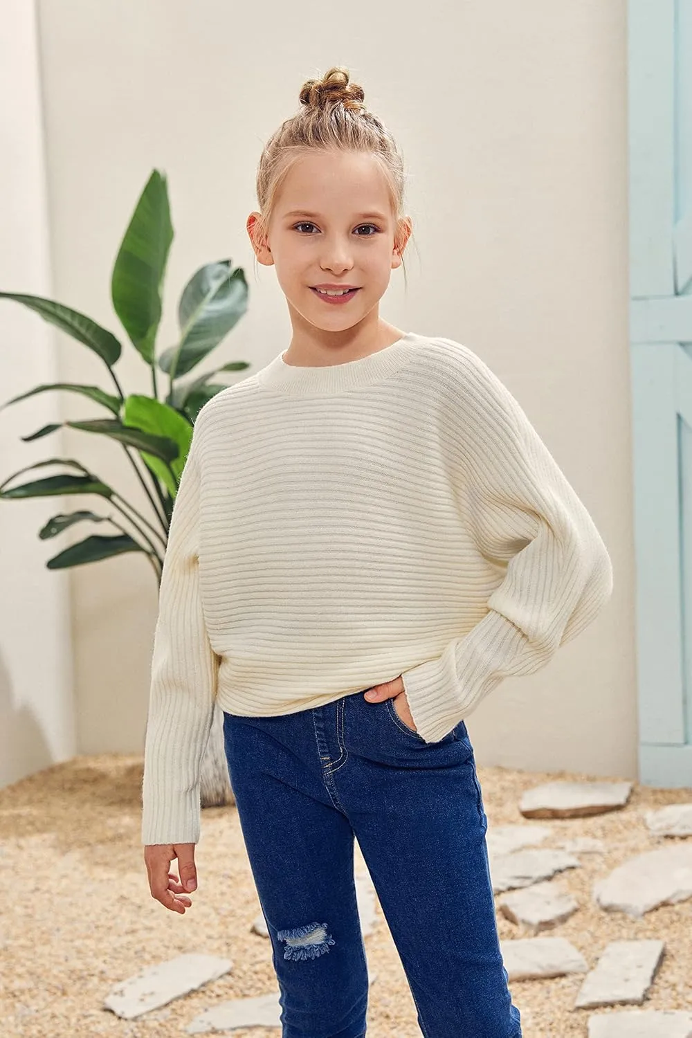 Mafulus Girl's Oversized Crewneck Fall Sweaters Kids Batwing Long Sleeve Slouchy Chunky Cute Pullover Jumper Shirts 5-14T