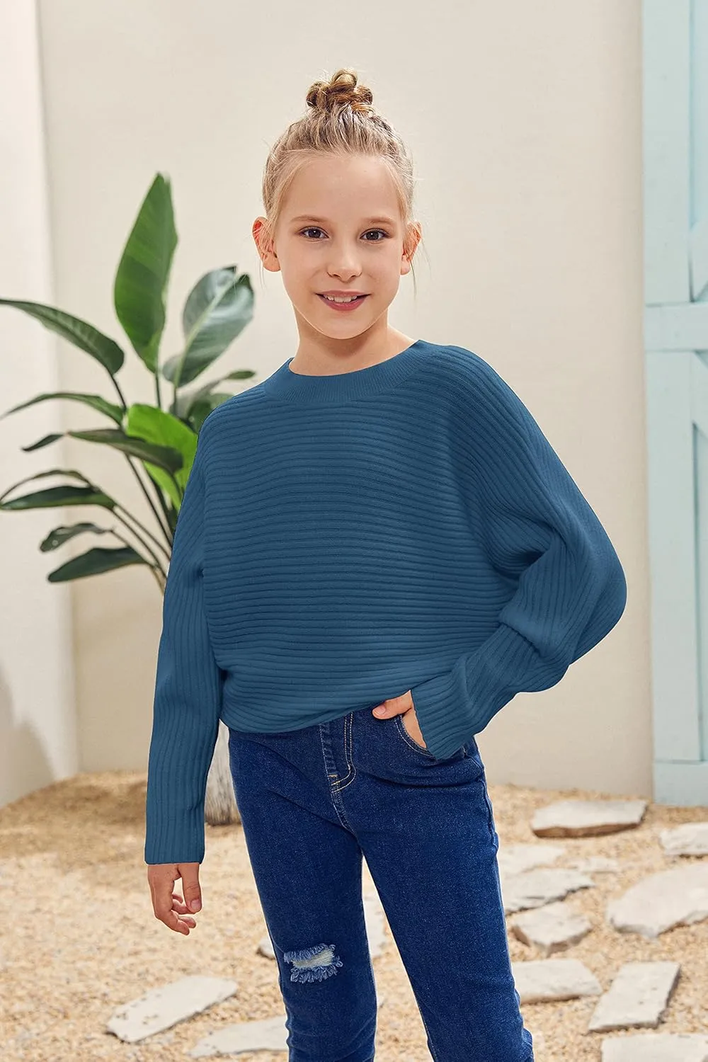 Mafulus Girl's Oversized Crewneck Fall Sweaters Kids Batwing Long Sleeve Slouchy Chunky Cute Pullover Jumper Shirts 5-14T