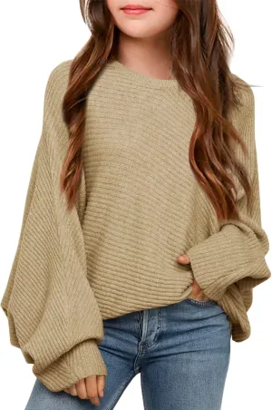 Mafulus Girl's Oversized Crewneck Fall Sweaters Kids Batwing Long Sleeve Slouchy Chunky Cute Pullover Jumper Shirts 5-14T
