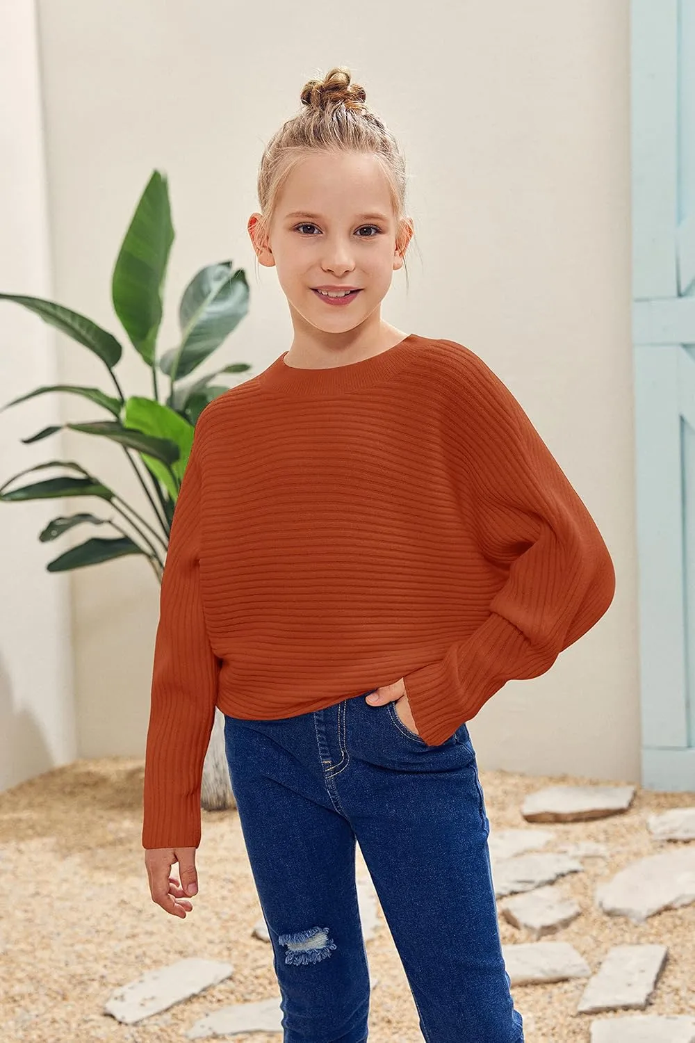 Mafulus Girl's Oversized Crewneck Fall Sweaters Kids Batwing Long Sleeve Slouchy Chunky Cute Pullover Jumper Shirts 5-14T