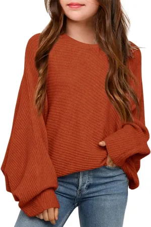 Mafulus Girl's Oversized Crewneck Fall Sweaters Kids Batwing Long Sleeve Slouchy Chunky Cute Pullover Jumper Shirts 5-14T