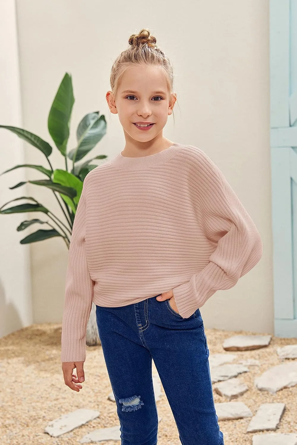 Mafulus Girl's Oversized Crewneck Fall Sweaters Kids Batwing Long Sleeve Slouchy Chunky Cute Pullover Jumper Shirts 5-14T