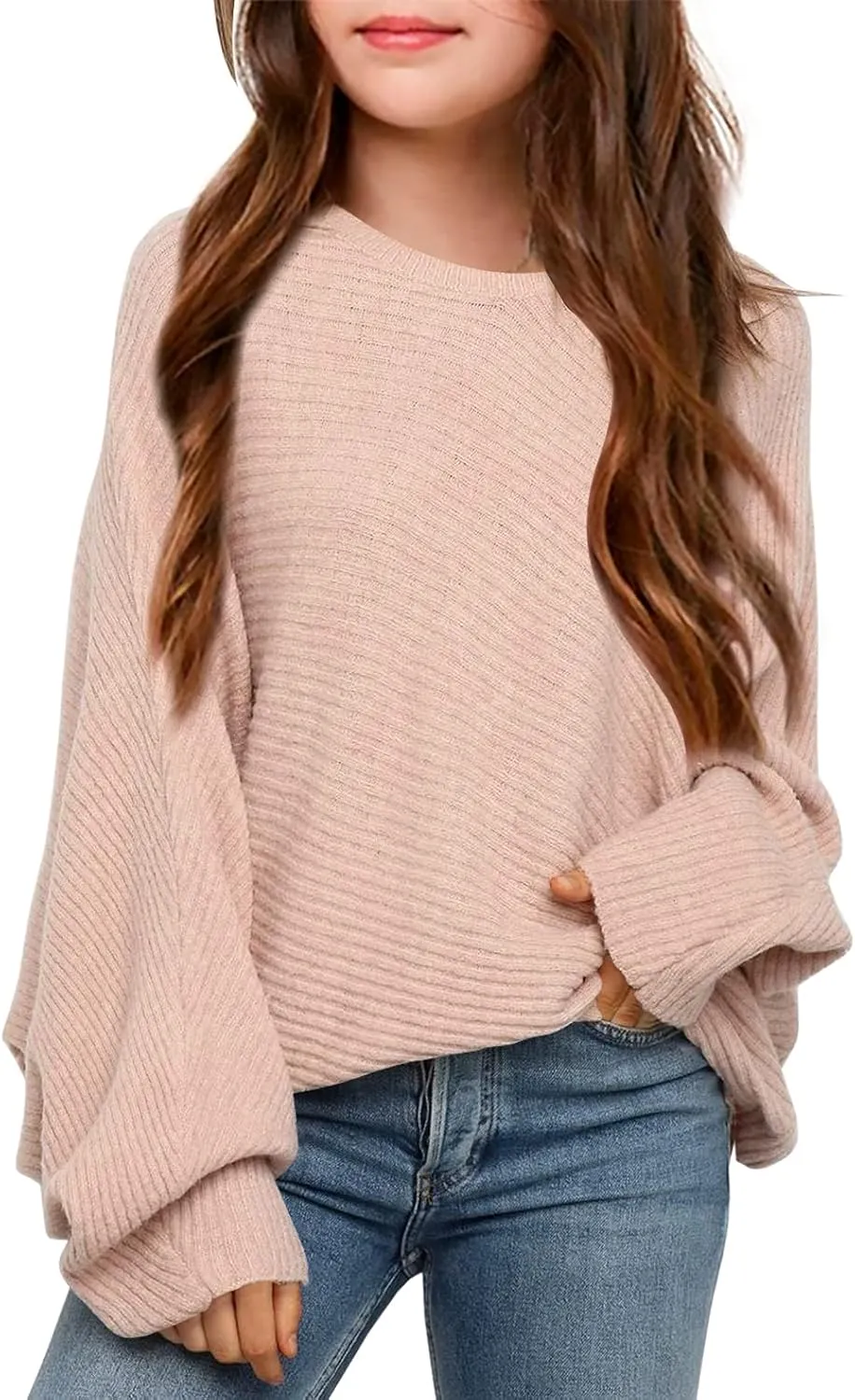 Mafulus Girl's Oversized Crewneck Fall Sweaters Kids Batwing Long Sleeve Slouchy Chunky Cute Pullover Jumper Shirts 5-14T