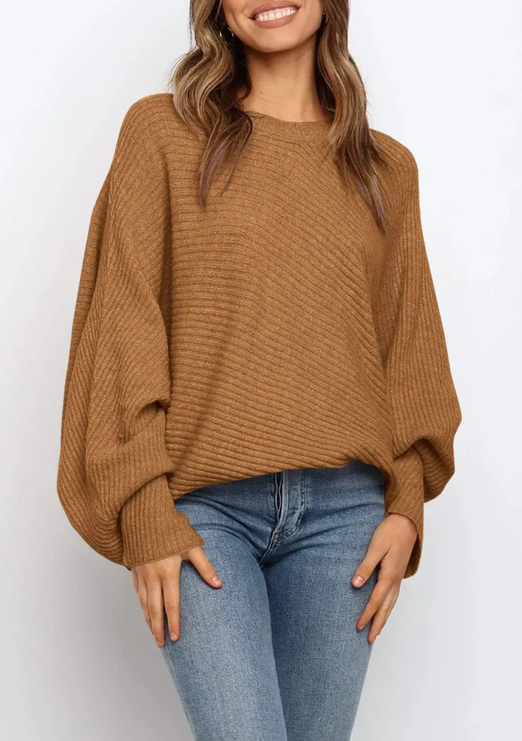 Mafulus Women's Oversized Crewneck Sweater Batwing Puff Long Sleeve Cable Slouchy Pullover Jumper Tops