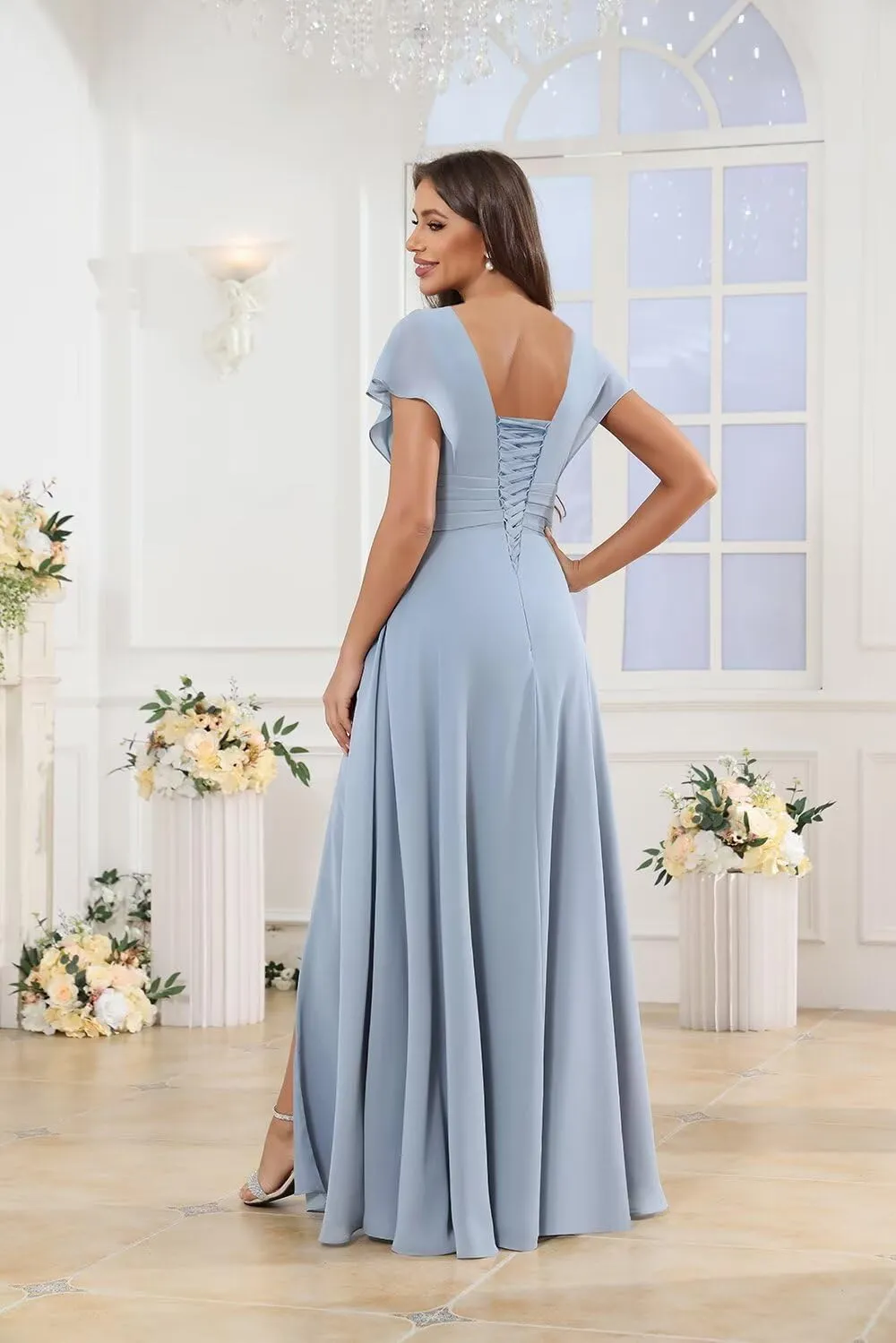 MAGGCIF Flutter Sleeve Bridesmaid Dresses for Women with Slit Ruffles Chiffon A Line Long Formal Wedding Guest Dress