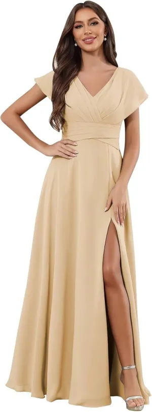 MAGGCIF Flutter Sleeve Bridesmaid Dresses for Women with Slit Ruffles Chiffon A Line Long Formal Wedding Guest Dress