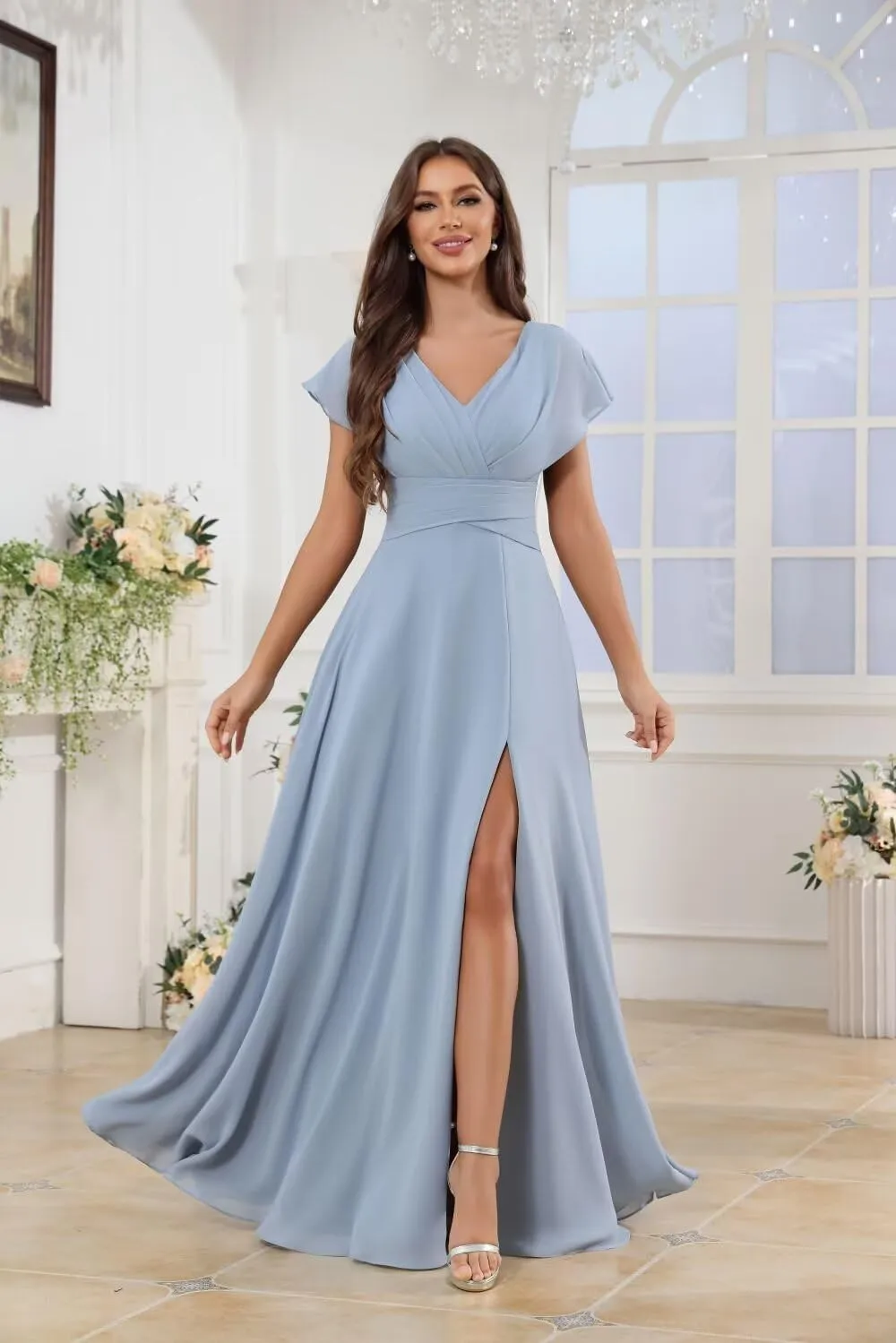 MAGGCIF Flutter Sleeve Bridesmaid Dresses for Women with Slit Ruffles Chiffon A Line Long Formal Wedding Guest Dress