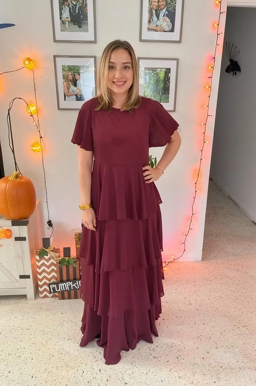 MAGGCIF Tiered Ruffles Bridesmaid Dresses with Flutter Sleeves Chiffon A Line Long Formal Prom Dress for Women