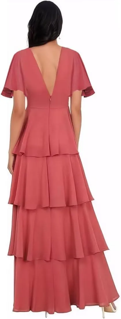 MAGGCIF Tiered Ruffles Bridesmaid Dresses with Flutter Sleeves Chiffon A Line Long Formal Prom Dress for Women
