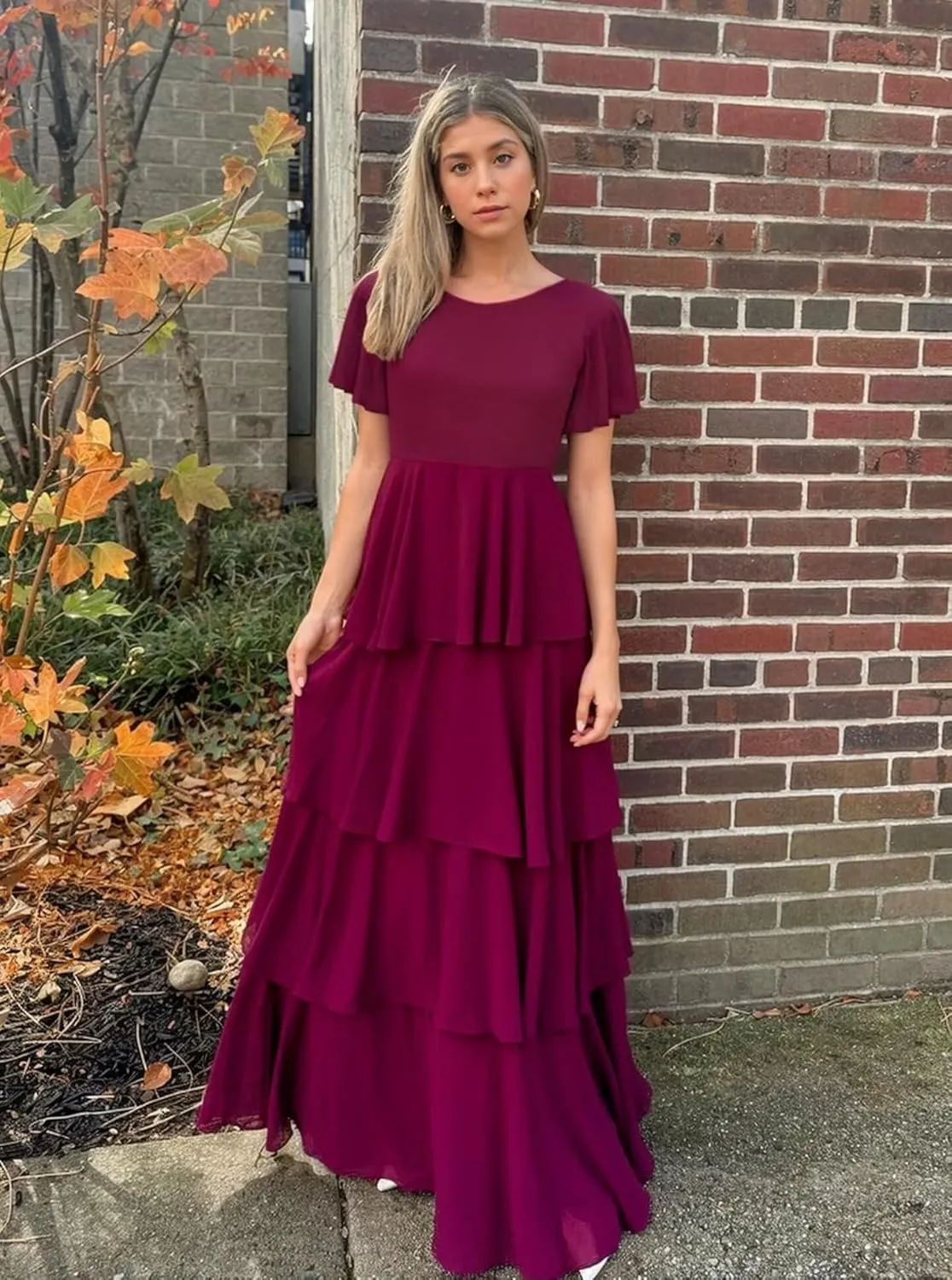 MAGGCIF Tiered Ruffles Bridesmaid Dresses with Flutter Sleeves Chiffon A Line Long Formal Prom Dress for Women