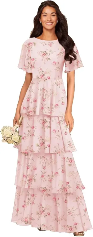 MAGGCIF Tiered Ruffles Bridesmaid Dresses with Flutter Sleeves Chiffon A Line Long Formal Prom Dress for Women