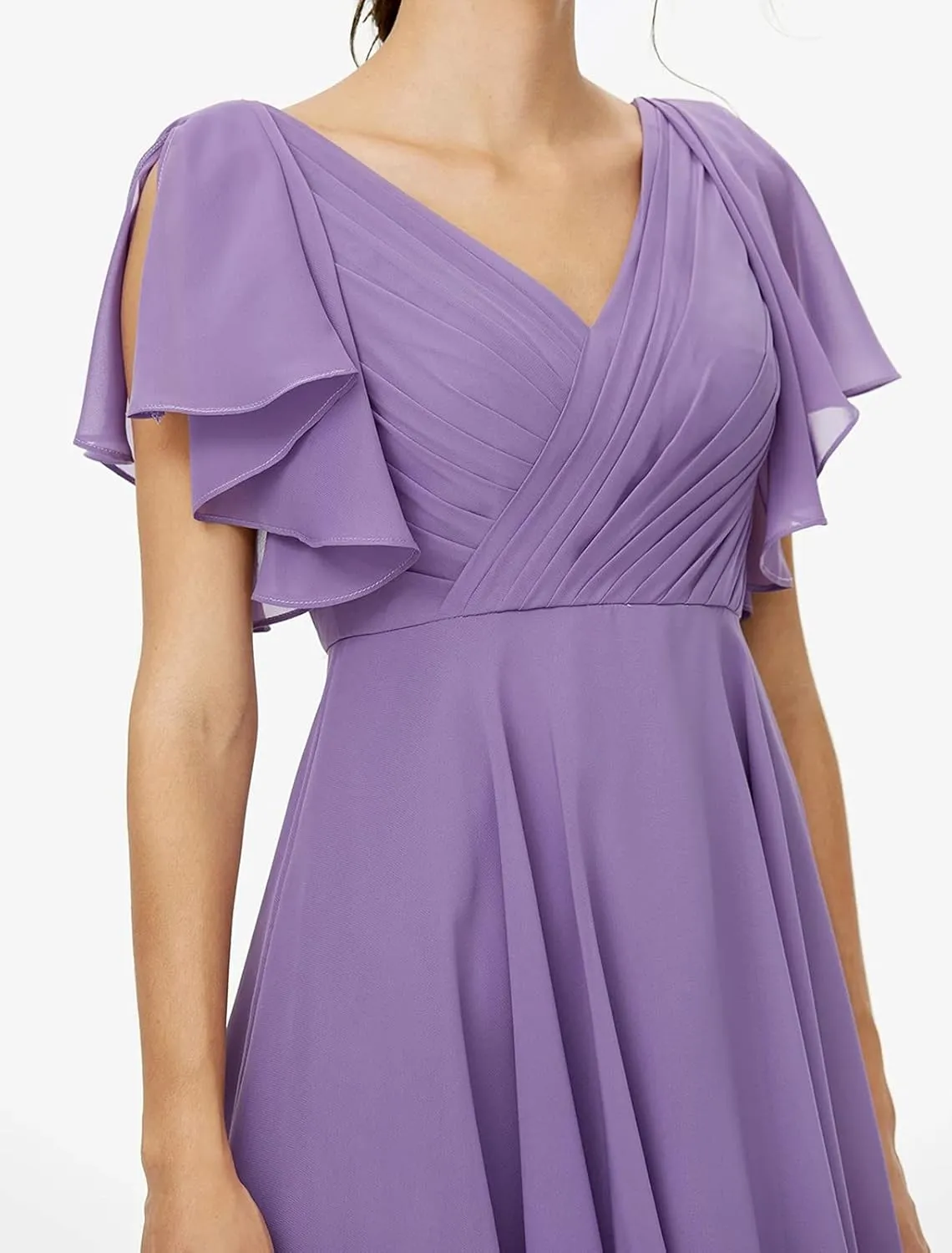 MAGGCIF V Neck Short Bridesmaid Dresses with Ruffle Sleeves Chiffon A Line Formal Evening Gowns