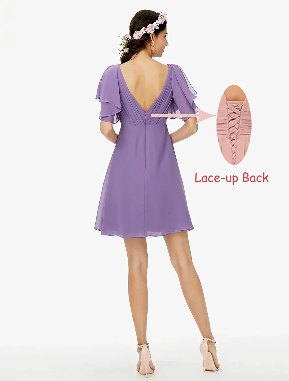 MAGGCIF V Neck Short Bridesmaid Dresses with Ruffle Sleeves Chiffon A Line Formal Evening Gowns