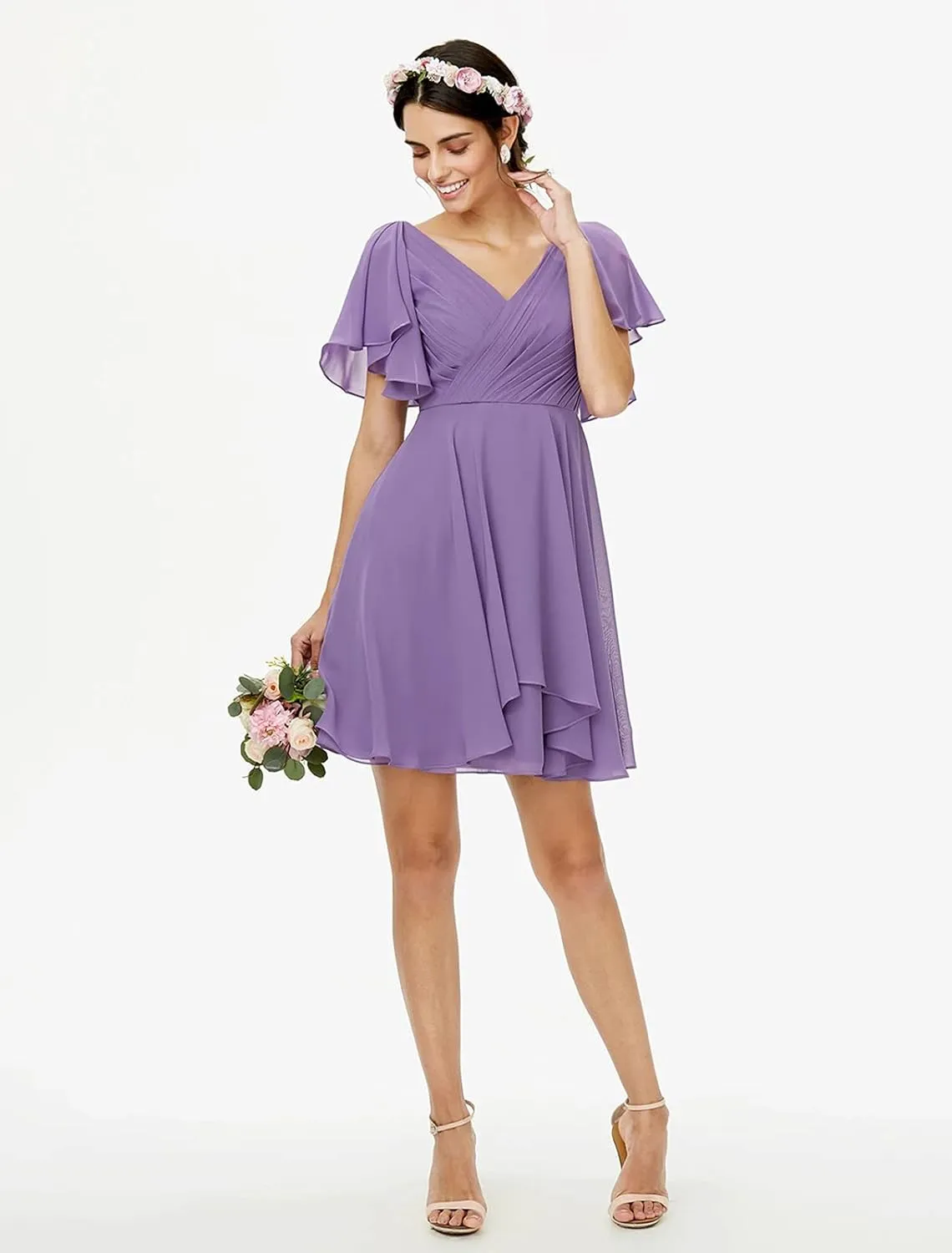 MAGGCIF V Neck Short Bridesmaid Dresses with Ruffle Sleeves Chiffon A Line Formal Evening Gowns