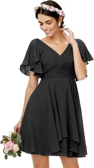 MAGGCIF V Neck Short Bridesmaid Dresses with Ruffle Sleeves Chiffon A Line Formal Evening Gowns