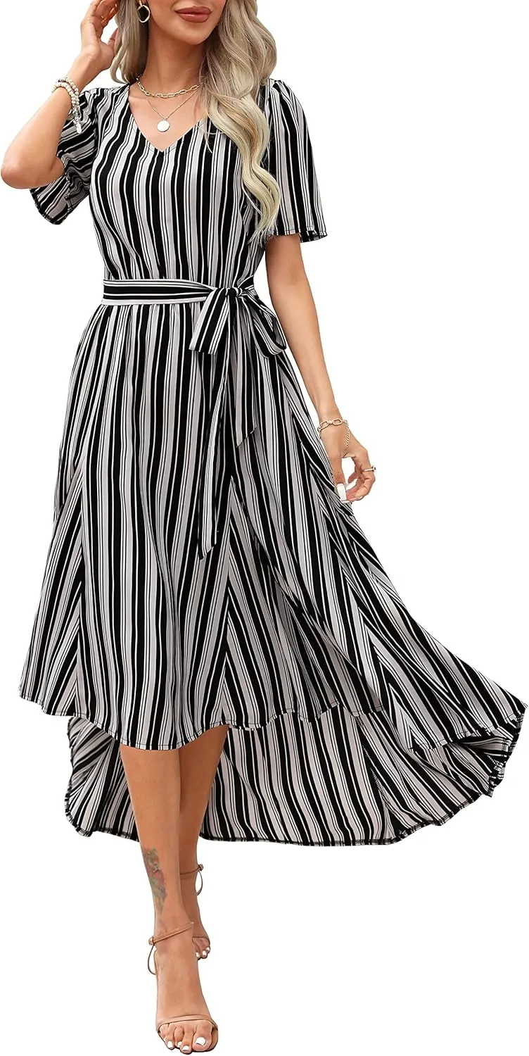 Maggeer Women 2024 Summer Spring High Low Floral Wedding Guest Dress Tie Waist Short Sleeve Maxi Dress with Pockets