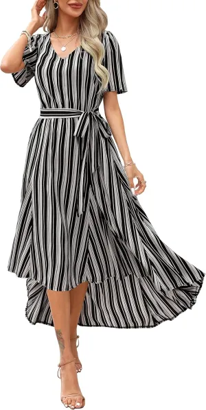 Maggeer Women 2024 Summer Spring High Low Floral Wedding Guest Dress Tie Waist Short Sleeve Maxi Dress with Pockets