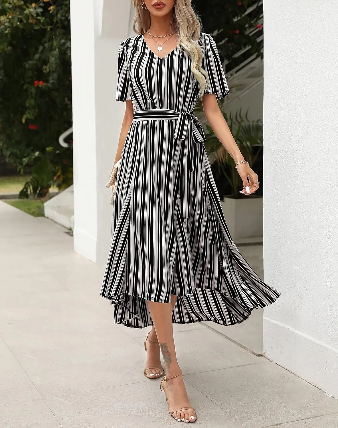 Maggeer Women 2024 Summer Spring High Low Floral Wedding Guest Dress Tie Waist Short Sleeve Maxi Dress with Pockets