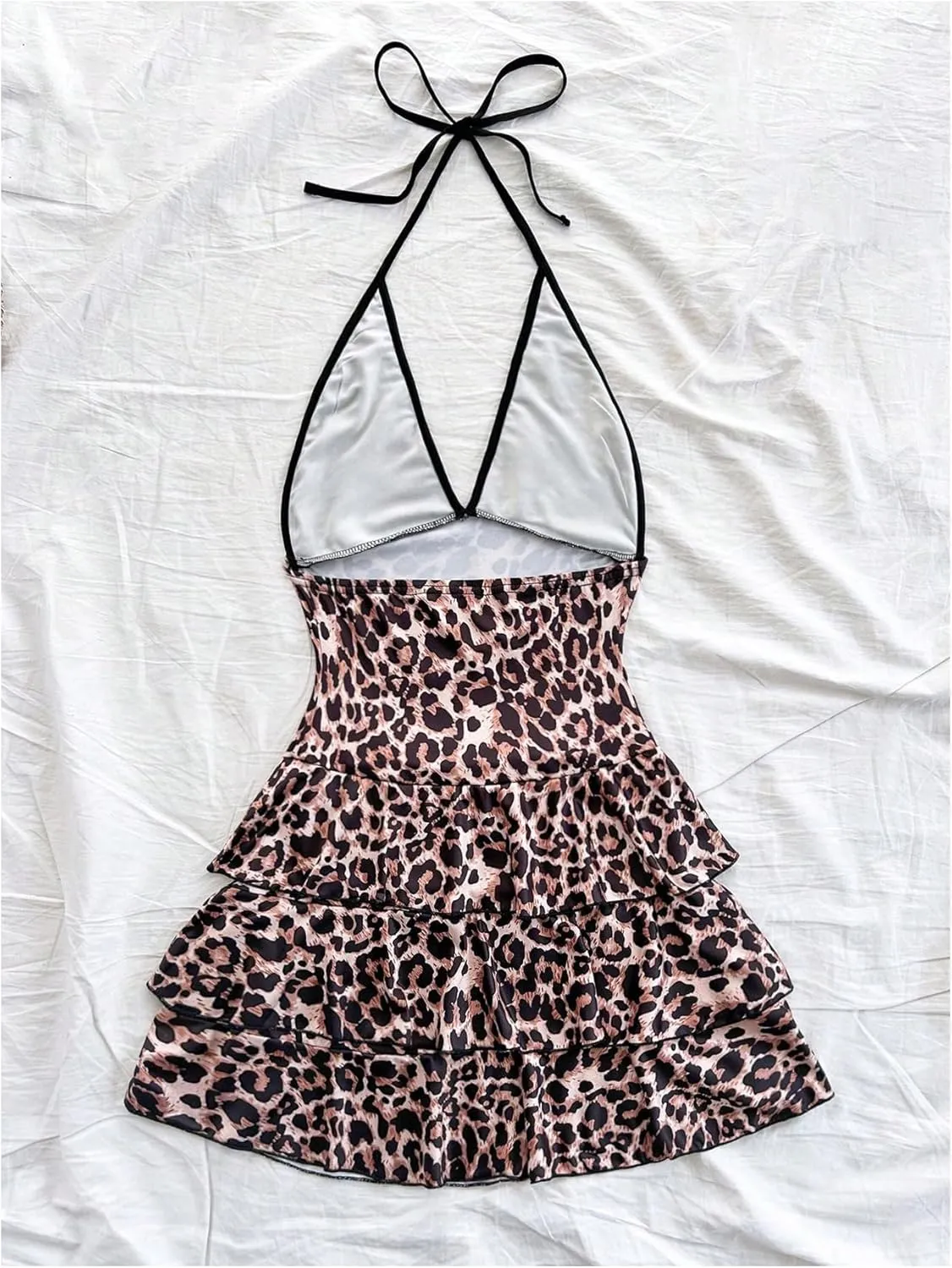 MakeMeChic Women's Floral Lace Dress Leopard Print Halter Dress Backless Ruffle Hem Tiered Y2K Mini Dresses