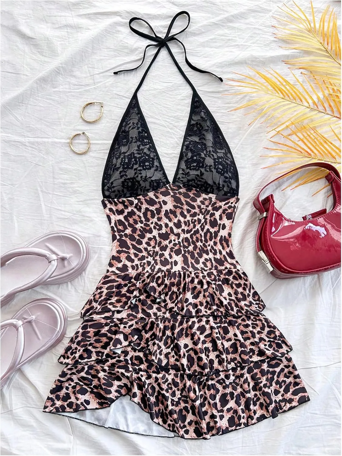 MakeMeChic Women's Floral Lace Dress Leopard Print Halter Dress Backless Ruffle Hem Tiered Y2K Mini Dresses