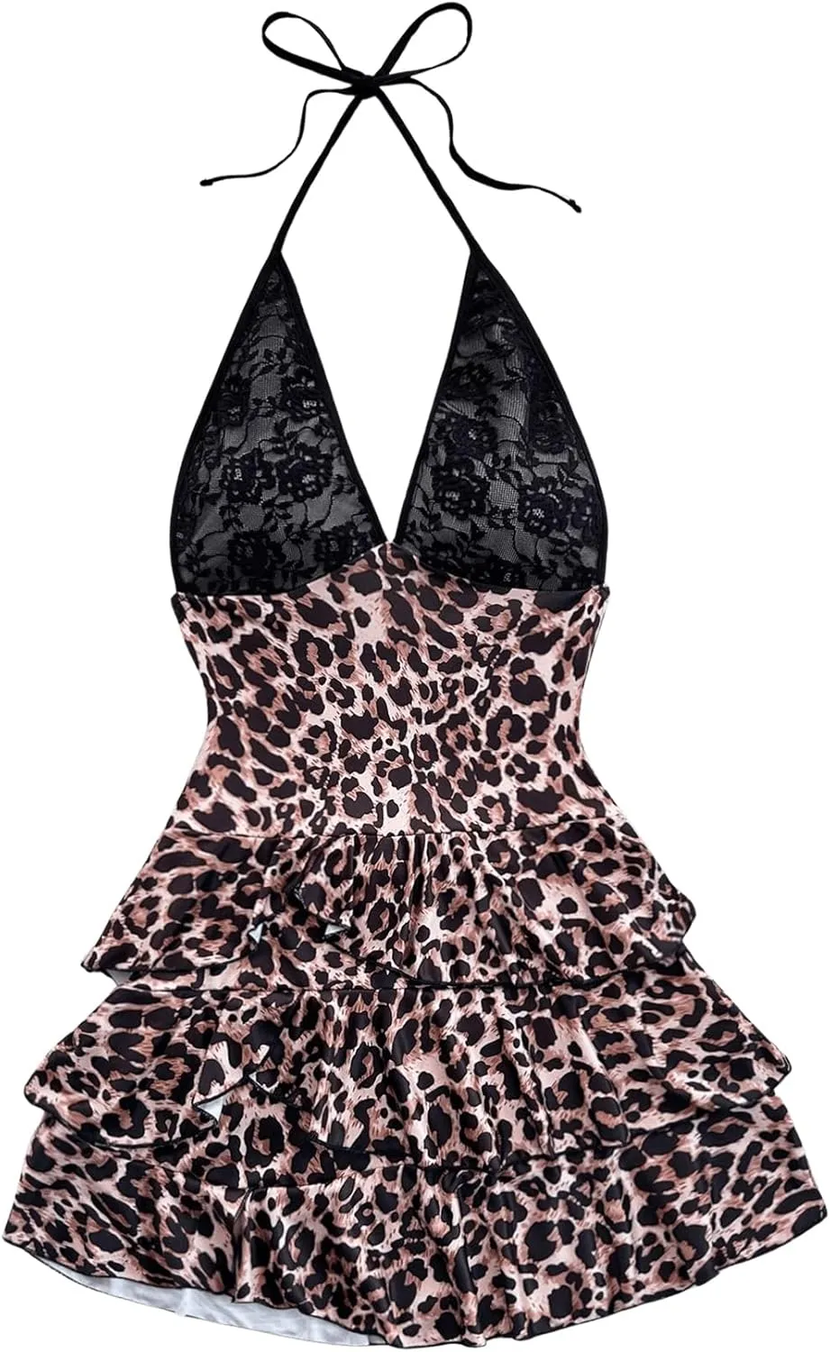 MakeMeChic Women's Floral Lace Dress Leopard Print Halter Dress Backless Ruffle Hem Tiered Y2K Mini Dresses