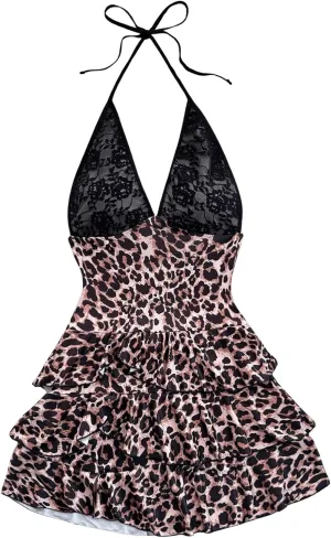 MakeMeChic Women's Floral Lace Dress Leopard Print Halter Dress Backless Ruffle Hem Tiered Y2K Mini Dresses