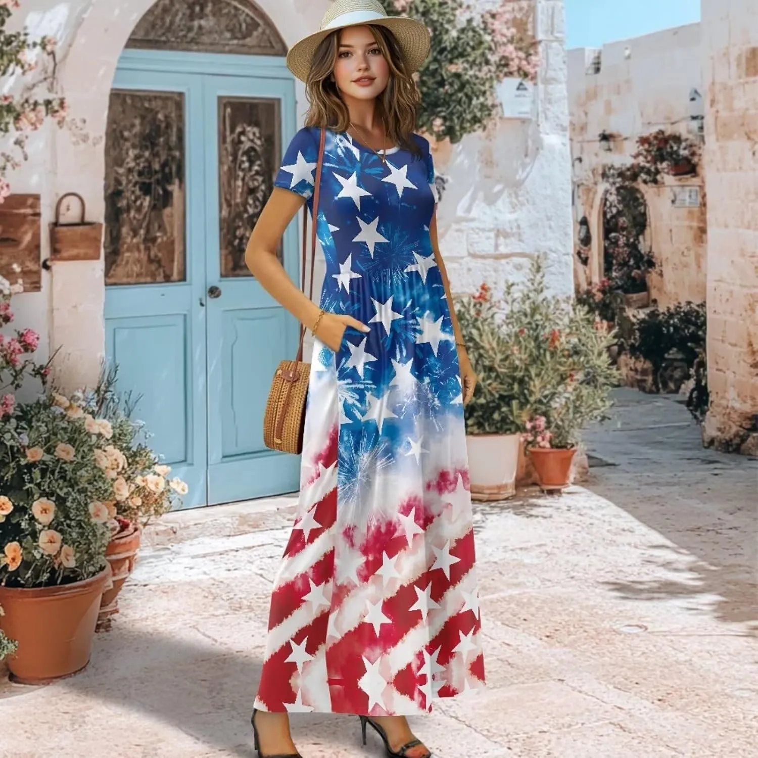 Maxi Dress for Women Plus Size Summer Casual Loose Crewneck Short Sleeve High Waist Maxi Dress with Pockets S-4XL